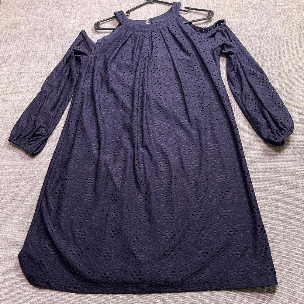 Maggy London Shift Dress Womens 10 Navy Blue Eyelet Cold Shoulder Puff Sleeve